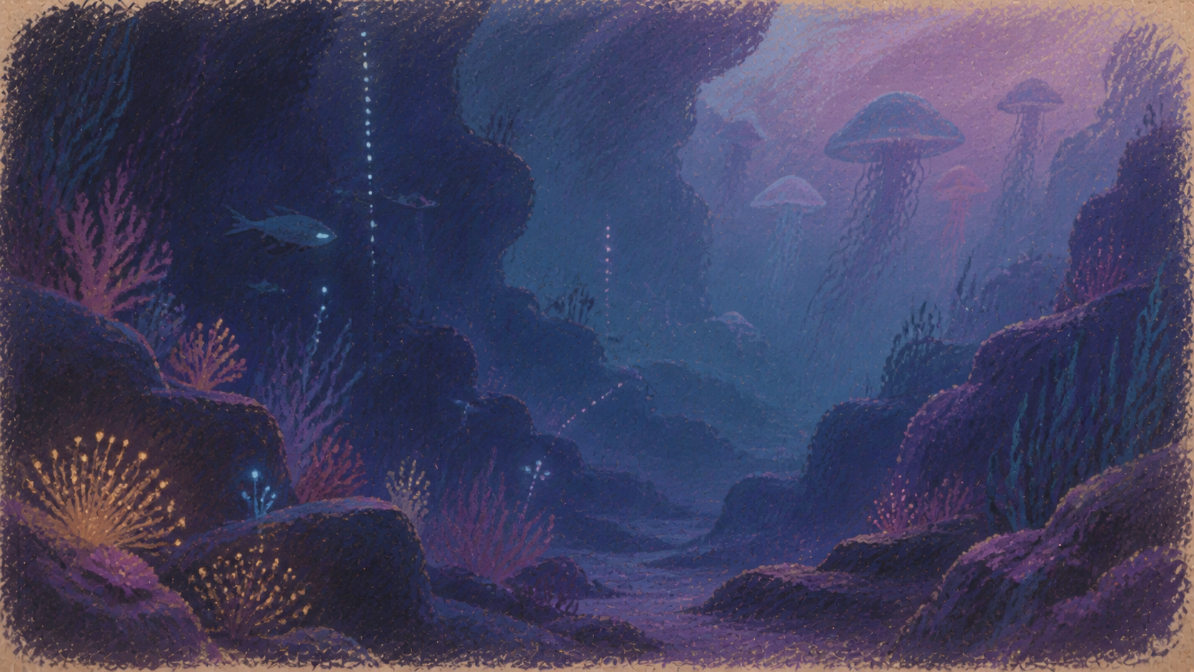 Illustrated twilight ocean habitat from Elio’s Ocean Investigation