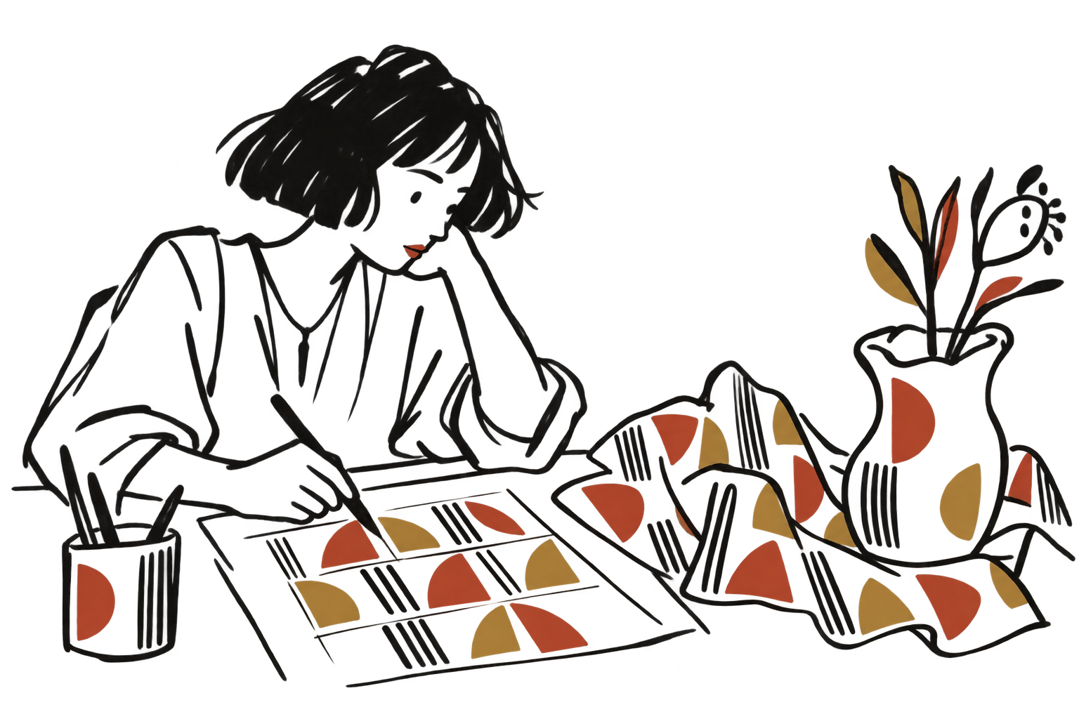 A loose ink-style illustration of a designer sketching beside patterned fabric and ceramics