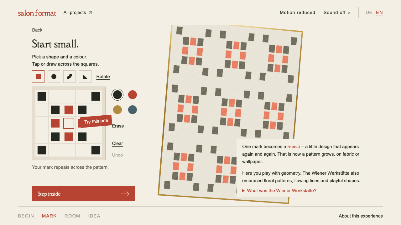 The pattern editor with a five-by-five drawing grid, four shape tools and a live repeating preview